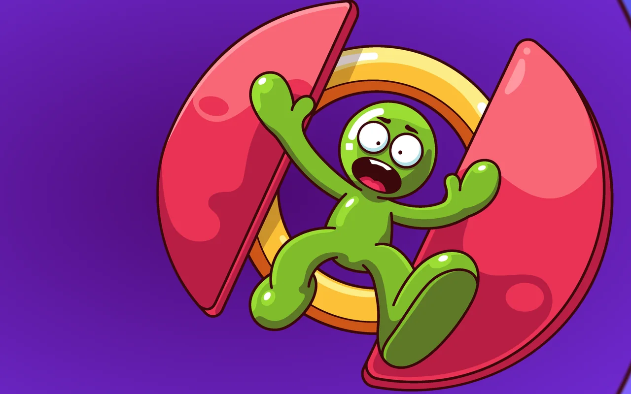Key art for Dropper: a green character falling through a split red hazard